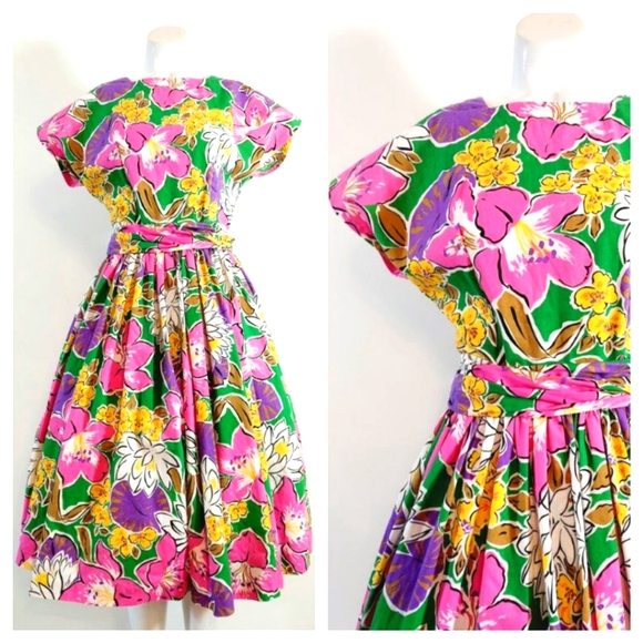 Vintage Dresses & Skirts - Vibrant Vintage 50s floral dress cotton handmade tropical dress